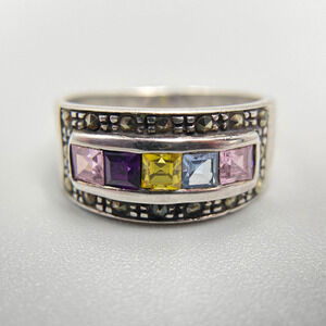Sterling Silver Multi Gemstone Band Ring Amethyst Citrine Blue Topaz Marcasite